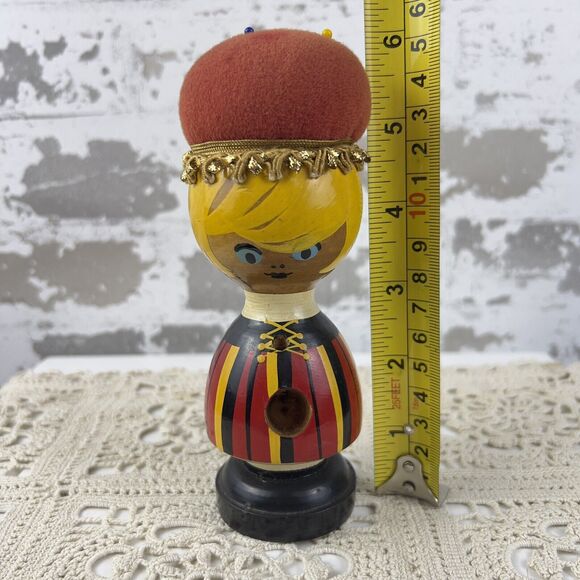 Vtg Wooden Pin Cushion Doll Thimble Cut Out Belly Button Hand Painted Kitschy - Picture 7 of 8